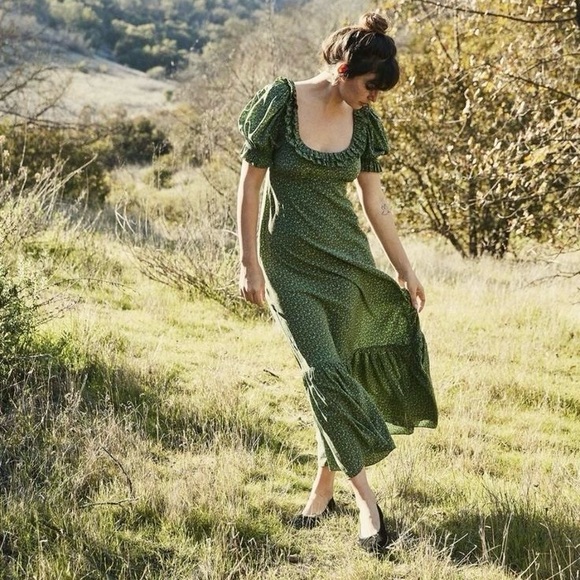 Doen Olive Dress Green Martha's Garden Floral Silk Maxi Size XS - Picture 17 of 17